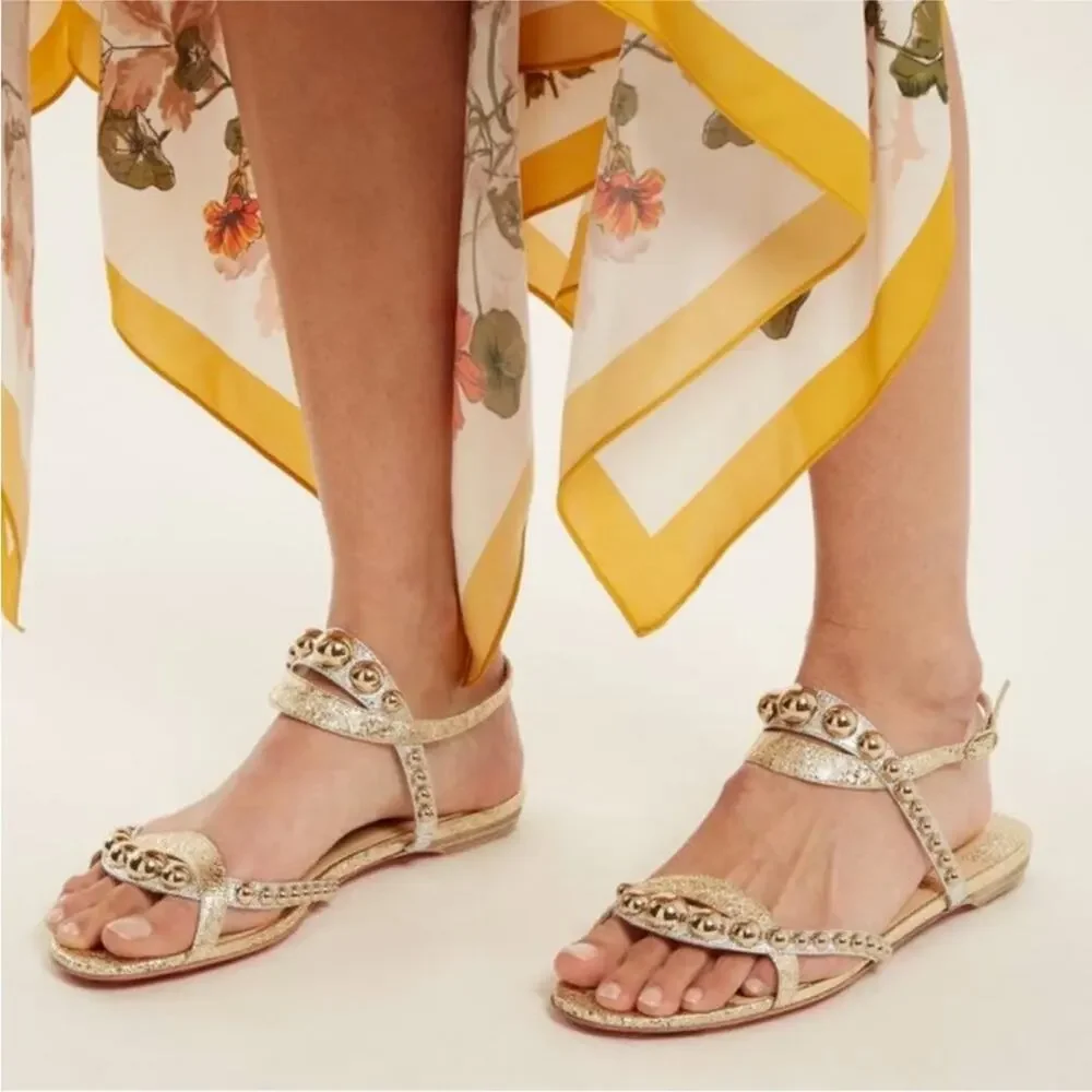 Christian Louboutin Galeria Gold Studded Flat Sandals Womens Size EU 36
